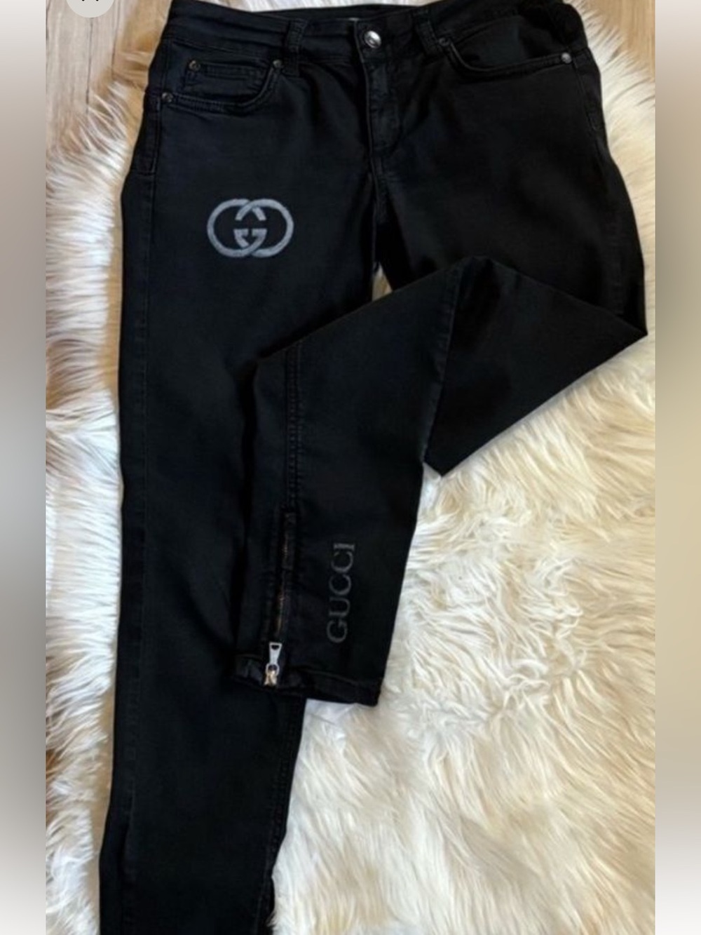 Gucci Black Skinny Jeans with GG Crest and Zipper Hem